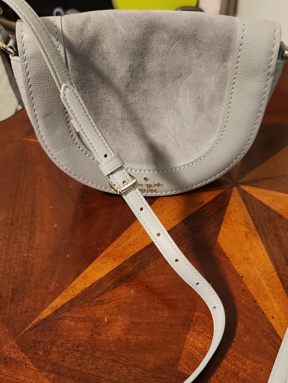kate spade Light Gray Suede & Leather Saddle Crossbody with Gold Hardware